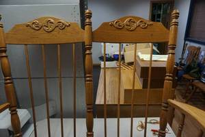 lot 32 image: Double Wood High Back Chairs With Seat Pad, & No Legs