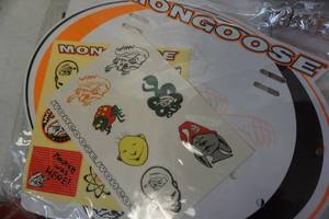 lot 99 image: 4 Packs Mongoose BMX Stickers, Decals and Stem Caps