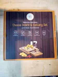 lot 10 image: 100% Natural Bamboo Cheese Board & Cutlery Set with Slide-Out Drawer by Bambusi