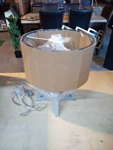 lot 24 image: Simple Designs Interlocked Triangular Gray Wood Table Lamp with Black Fabric Shade