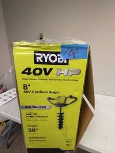 lot 108 image: RYOBI HP 40V Brushless Cordless Earth Auger with 8 in. Bit and 4.0 Ah Battery and Charger Included
