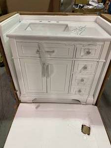lot 4 image: Melpark 36 in. W x 22 in. D Bath Vanity in White with Cultured Marble Vanity Top in White with White Sink- top is damaged cabinet in good condition  by Home Decorators Collection Customer Returns See Pictures