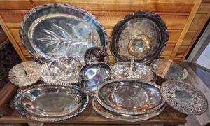 lot 48 image: Huge Lot of Silverplate Serving Trays, Platters & Dishes