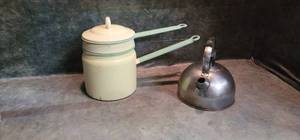 lot 54 image: Enamelware Double Boiler & CopperStainless Tea Kettle