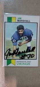 lot 7 image: 1973 Topps #406 Jim Marshall MN Vikings Signed Card