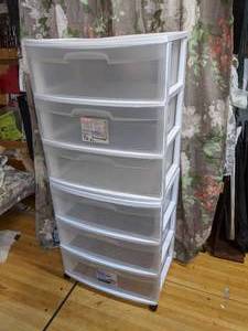 lot 25 image: 2 Sterilite 3 Drawer Storage Chests, 1 wWheels