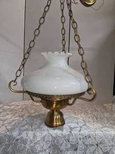 lot 2 image: Antique Bronze Hanging Light wMilkglass Shade