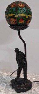 lot 19 image: Antique Cast Figural Golfer Desk Lamp wStained Glass Globe Shade