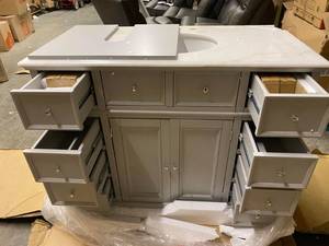 lot 3 image: Hampton Harbor 44 in. W x 22 in. D Bath Vanity in Dove Grey with Natural Marble Vanity Top in White the retail price is $849.00