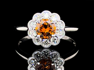Fancy .58 Carat Orange Diamond Ring with White Diamond Flower Halo in 14k White Gold $4,400 Retail VIDEO