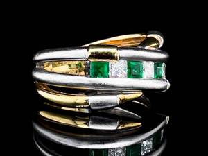 1.30 Carat Channel Set Fine Natural Emerald & Diamond Crossing Design Ring in Platinum & 18k Yellow Gold $4,250 Retail VIDEO