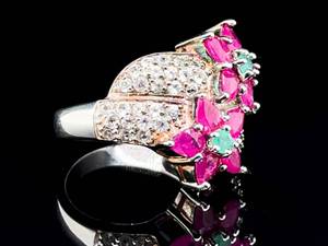 Double Ruby and Emerald Flower Bud Statement Ring