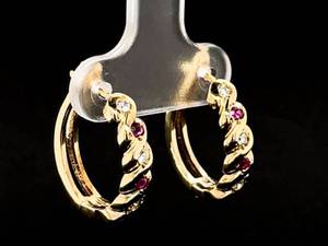 Natural Ruby and Diamond Twist Hoop Earrings in 14k Yellow Gold $950 Retail VIDEO