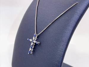 Blue Sapphire and Diamond Cross Pendant in 14k White Gold VIDEO