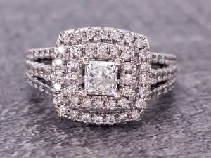 1.35 Carat LEO Signed Triple Split Shank, Double Halo Diamond Ring in 14k White Gold $4,450 Retail