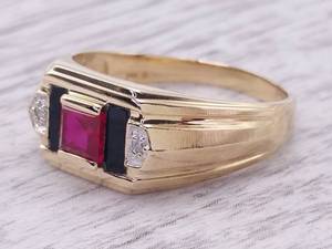 Handsome Ruby, Diamond, and Oynx Estate Ring in 14k Yellow Gold $1,850 Retail VIDEO