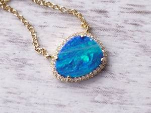 Free Form Blue Opal & Diamond Halo Necklace in 14k Yellow Gold $1,350 Retail VIDEO