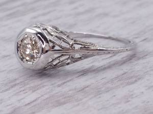 Antique Diamond Ring with Filigree and Diamond Prongs in 18k White Gold VIDEO