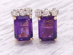 Emerald Cut Amethyst and Diamond Earrings in 14k Yellow Gold $999 Retail Estimate
