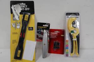 lot 296 image: 4 Piece Assorted Tool Set  Ready America Gas Shut Off Wrench, Stanley Utility Knife, Apollo Pipe Cutter, Husky Junior Tube Cutter