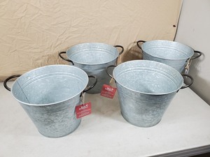lot 138 image: 4 New Rustic Farmhouse Galvanized Bucket Planters