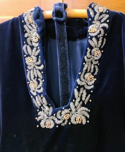 Vintage Blue Velvet Embroidered Dress