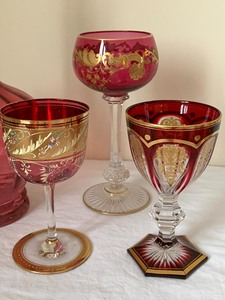 Vintage Cranberry Decanter and Three Beautiful Wine Glasses