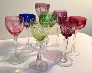 Eight Vintage Colorful Cut Glass Stemware Items