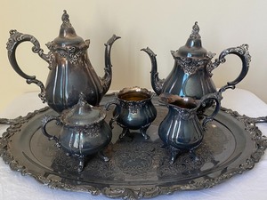 Wallace Baroque Silver Plate Tea Service w Tray