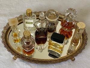 Small Dresser Top Mirror Tray and Miniature Perfume Bottles