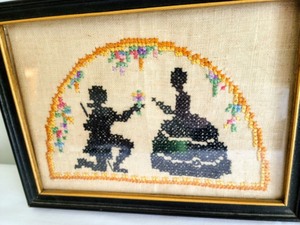 Pair of Adorable Framed Cross-Stitch Linens