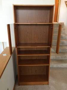 lot 35 image: Wooden 5 Shelf Bookcase w Adjustable Shelves & Two Glass Doors