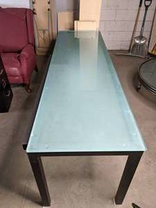 lot 4 image: 7 Ft. Blue Glass Table with Metal Base