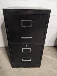 lot 58 image: Black Metal Two Drawer Filing Cabinet