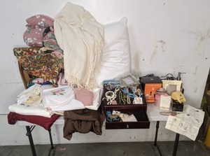 lot 115 image: Vintage to Modern Linens, Costume Jewelry, Hair Trimmer, Shave Set, etc.