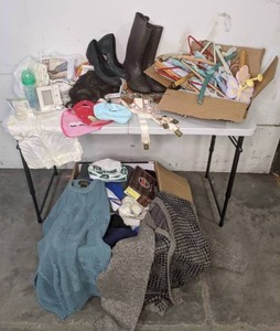 lot 118 image: Misc. Clothing, Baby Bibs, Wigs, Boots, Vintage Hangers