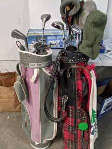 lot 85 image: Pair of Golf Bags, Clubs & Swing Training Aid