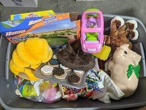 lot 213 image: Kid Stuff Lot Play Doh, Water Slide, Stuffed Animals, etc.