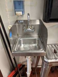 lot 306 image: Wall Mount Stainless Steel Faucet w Gooseneck Faucet & Side Splashes