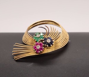18K Tiffany  Gold Circular Brooch with Semi Precious Stones