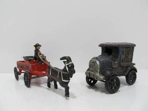 lot 12 image: Cast Iron Toy Boyds Bears Delivery Truck & Express Wagon