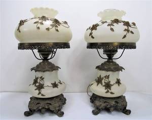 lot 16 image: Matching Pair of Large Vintage Hollywood Regency Glass Hurricane Lamps