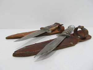 lot 154 image: 2 Vintage Fixed Blade Hunting Knives w Leather Sheaths