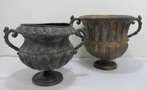 lot 195 image: 2 Ornate Vintage Metal YardGarden Urn Planters