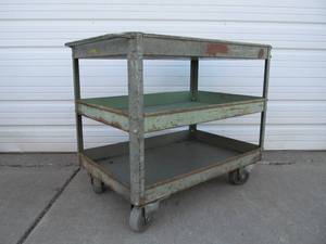 lot 209 image: Old Vintage Industrial Steel 3-Tiered Rolling Cart