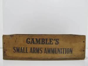 lot 211 image: Antique Wooden GAMBLES .22 Short Advertising Ammo Crate