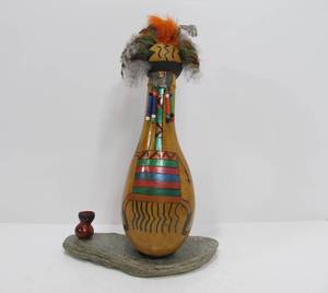 lot 246 image: Signed Native American Painted Gourd Sculpture - Kenny Ray