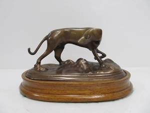 lot 254 image: Vintage Mid Century Bronze Dog Sculpture on Wood Base