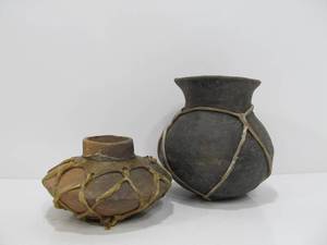 lot 278 image: 2 Sinew Wrapped Primitive Clay Jars 