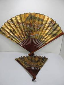 lot 284 image: 2 Large Hand Painted Oriental Bamboo Fans